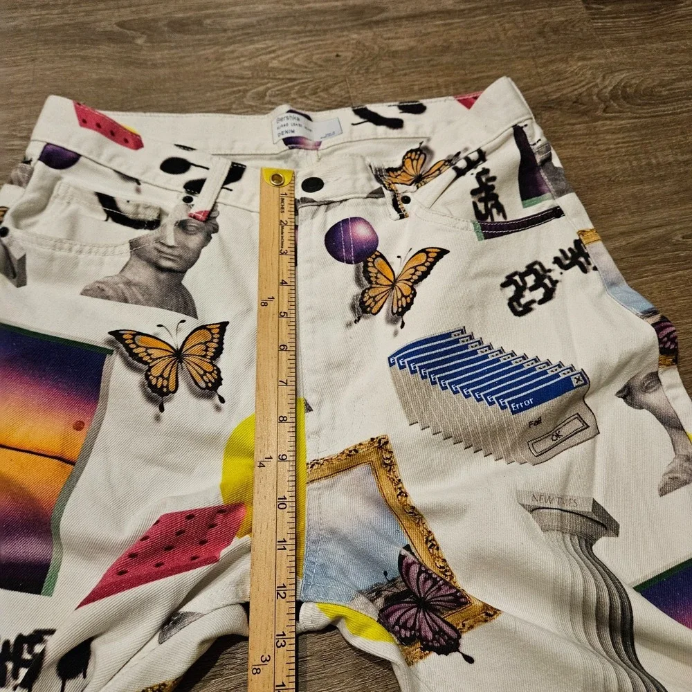 Bershka Graphic Print Straight Leg Jeans Men's 31 White Butterfly Art Denim